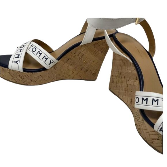 Tommy Hilfiger Sandals Womens 9.5 White Wedge Ankle Strap Buckle Logo Open Toe - Picture 6 of 7